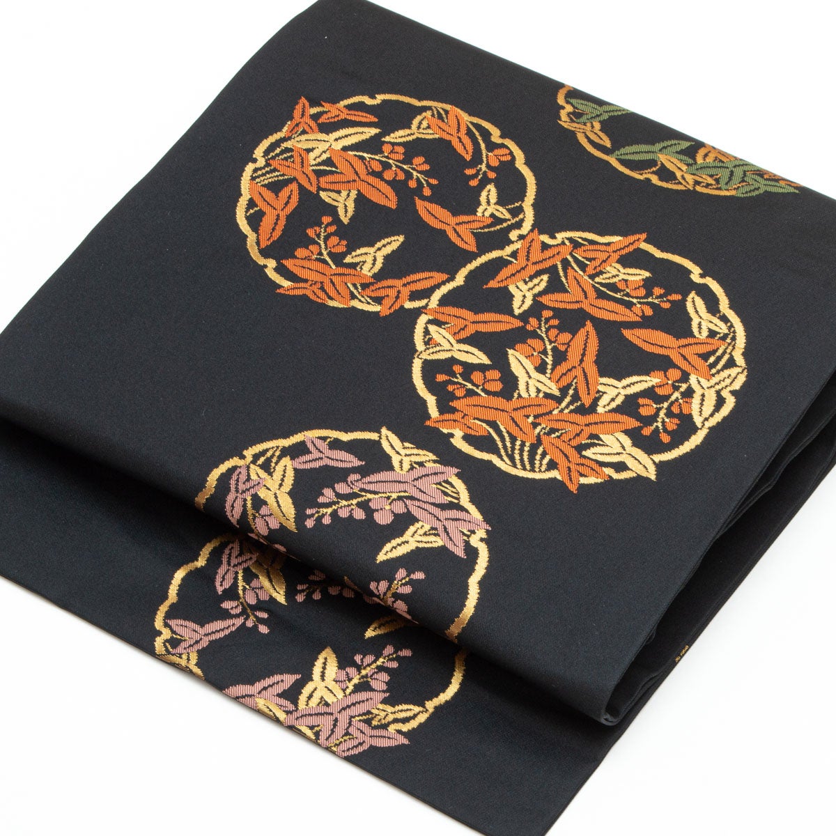 特選 名古屋帯 なごや帯 中古 正絹 カジュアル 仕立て上がり 本加工 金駒刺繍 塩瀬 植物文様 地模様 黒色 多色 金 きもの北條 A1001-16 特選 名古屋帯 なごや帯 中古 正絹 カジュアル 仕立て上がり 本加工 金
