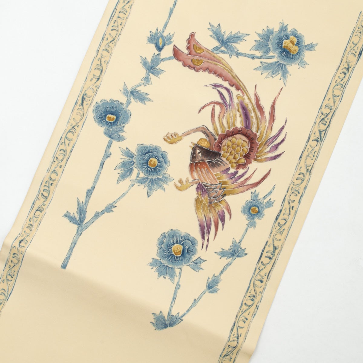 美品】名古屋帯 友禅 ジャワ更紗風 バティック文様 鳥 塩瀬 淡黄色