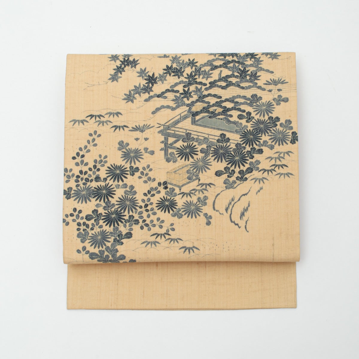美品】名古屋帯 秋草 御所解き文様 虫籠の図 紬地 ベージュ 正絹 九寸
