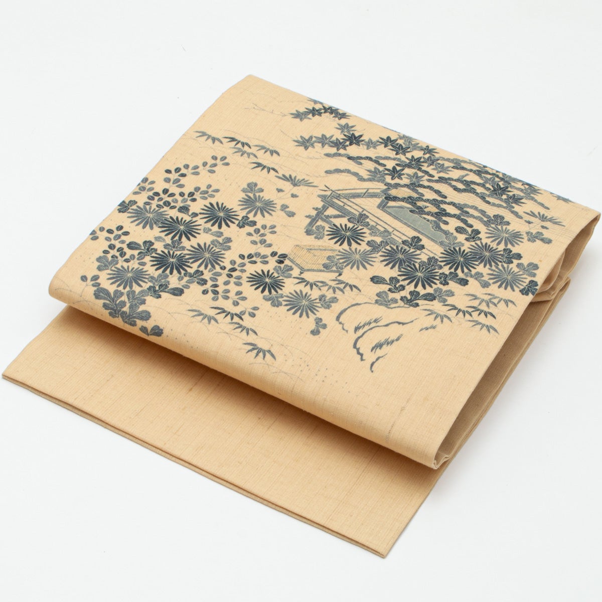 美品】名古屋帯 秋草 御所解き文様 虫籠の図 紬地 ベージュ 正絹 九寸