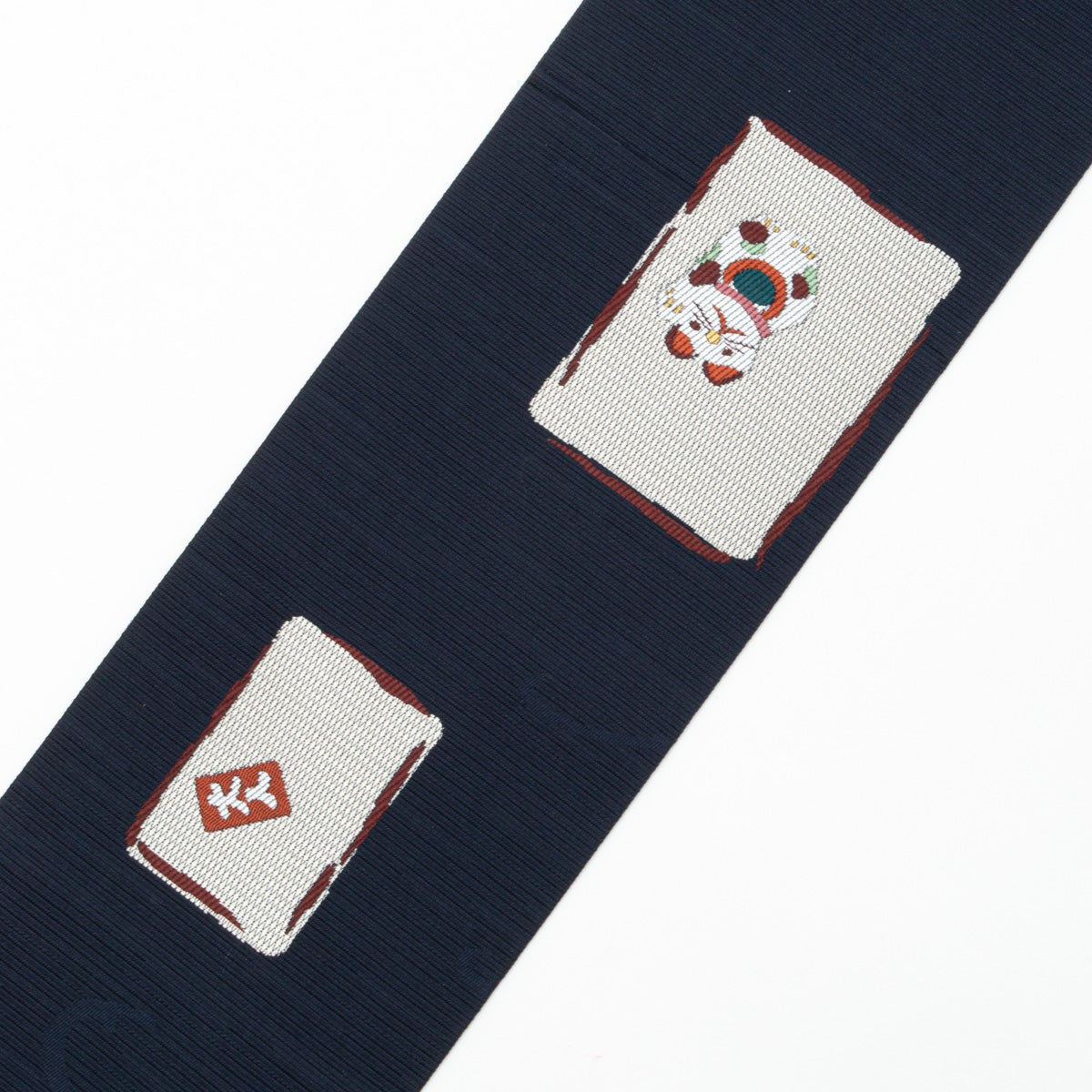 美品】名古屋帯 猫 打出の小槌と小判 大入袋 吉祥柄 濃紺 西陣織 正絹
