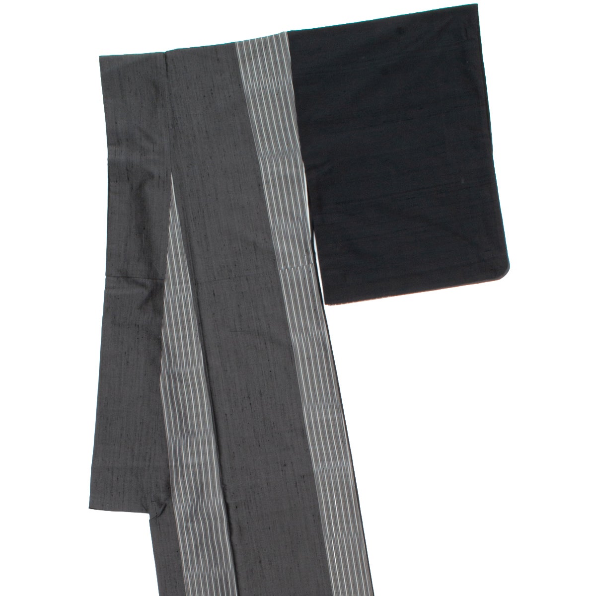 紬 片身替わり仕立て グレー 縞 黒無地 正絹 袷 身丈：約152cm 裄：約