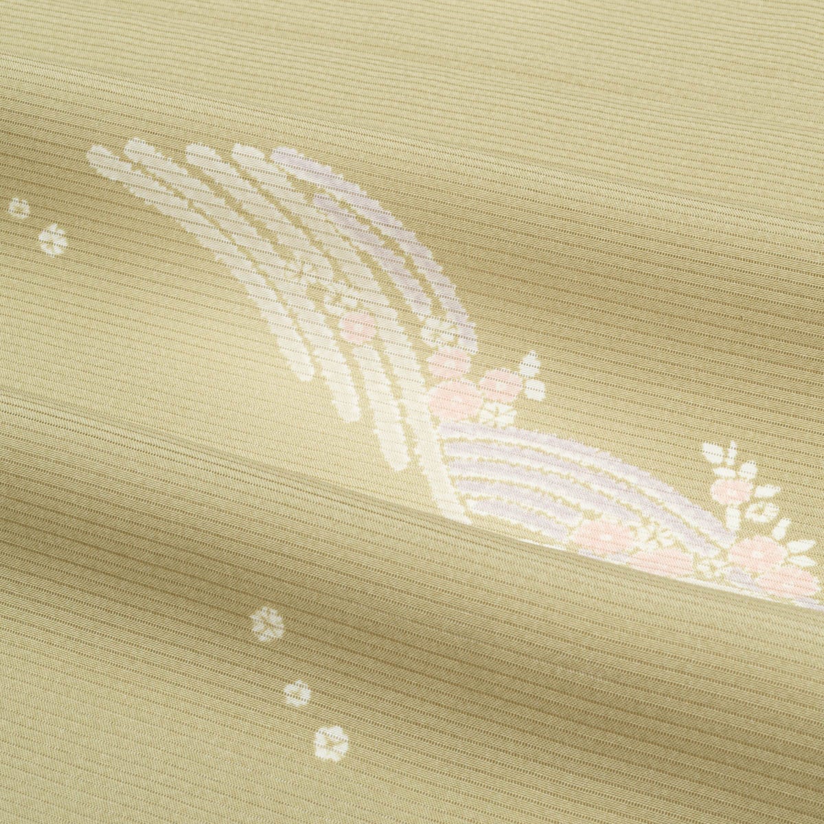 盛夏用】小紋 絽 友禅 花青海波 木蘭色 正絹 袷 身丈：約152cm 裄：約