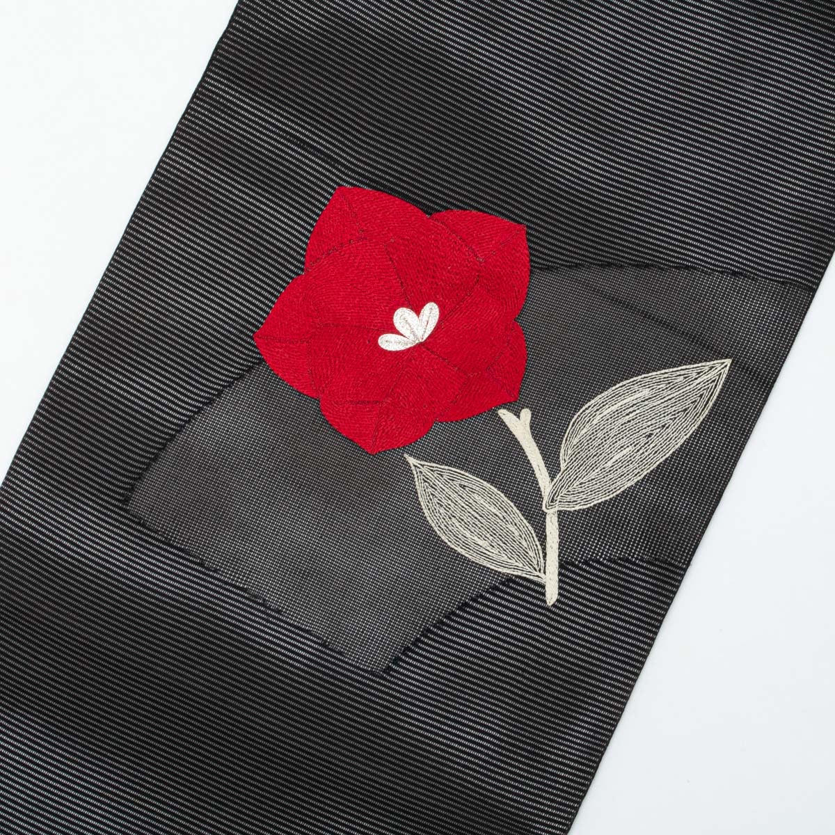 盛夏用】名古屋帯 刺繍 花文 絽 黒地 赤 銀糸入り 西陣織 正絹 九寸