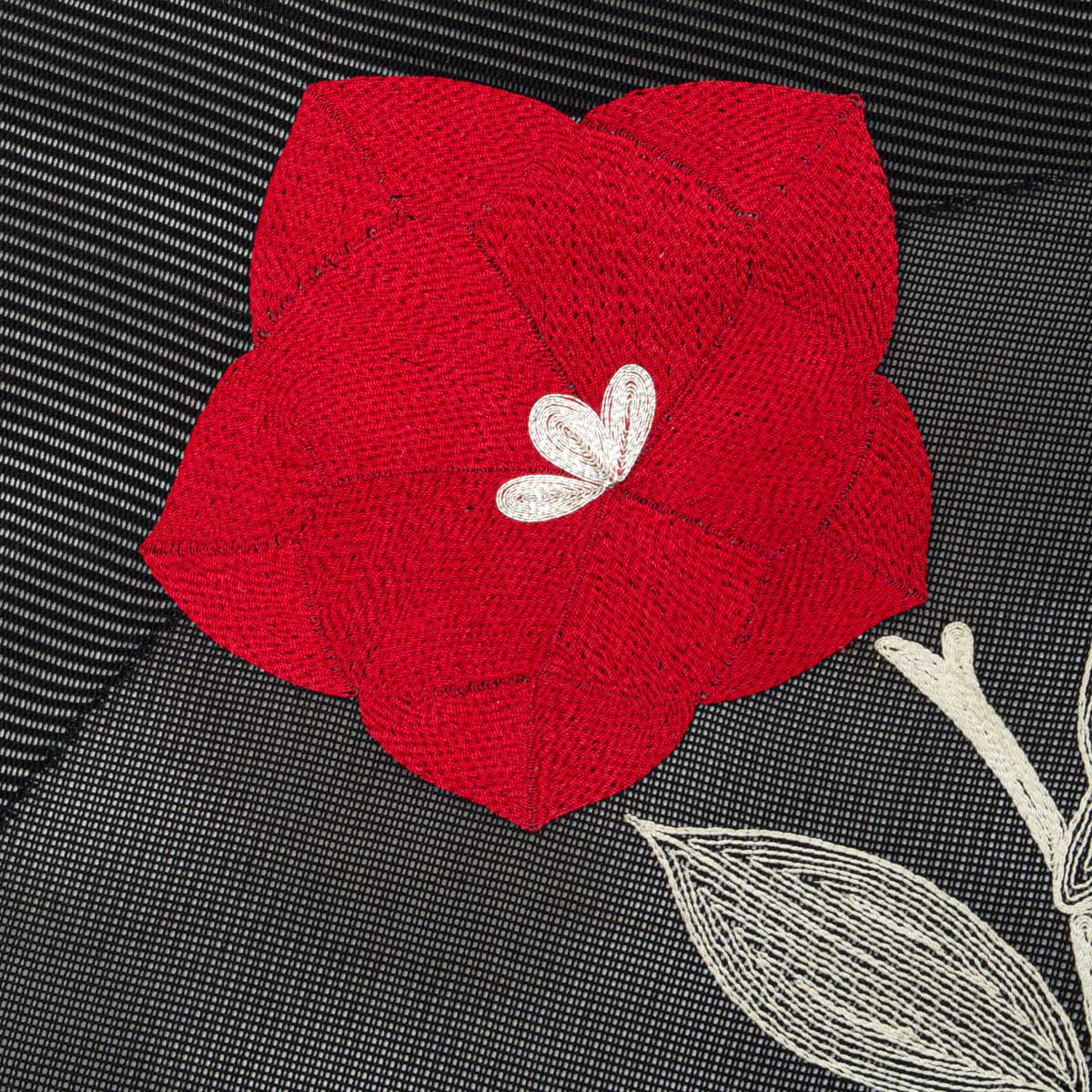 盛夏用】名古屋帯 刺繍 花文 絽 黒地 赤 銀糸入り 西陣織 正絹 九寸