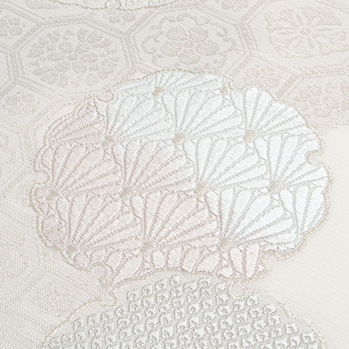 未使用品】袋帯 絽 疋田 雪輪 蜀江文 白 銀糸織 単衣・盛夏用 西陣織