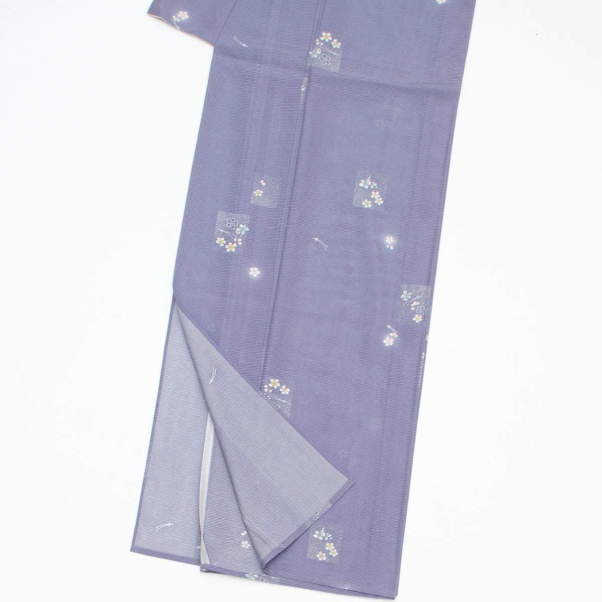 未使用品】小紋 絽 友禅 植物文 藤色 仕付け糸付き 正絹 単衣 身丈：約