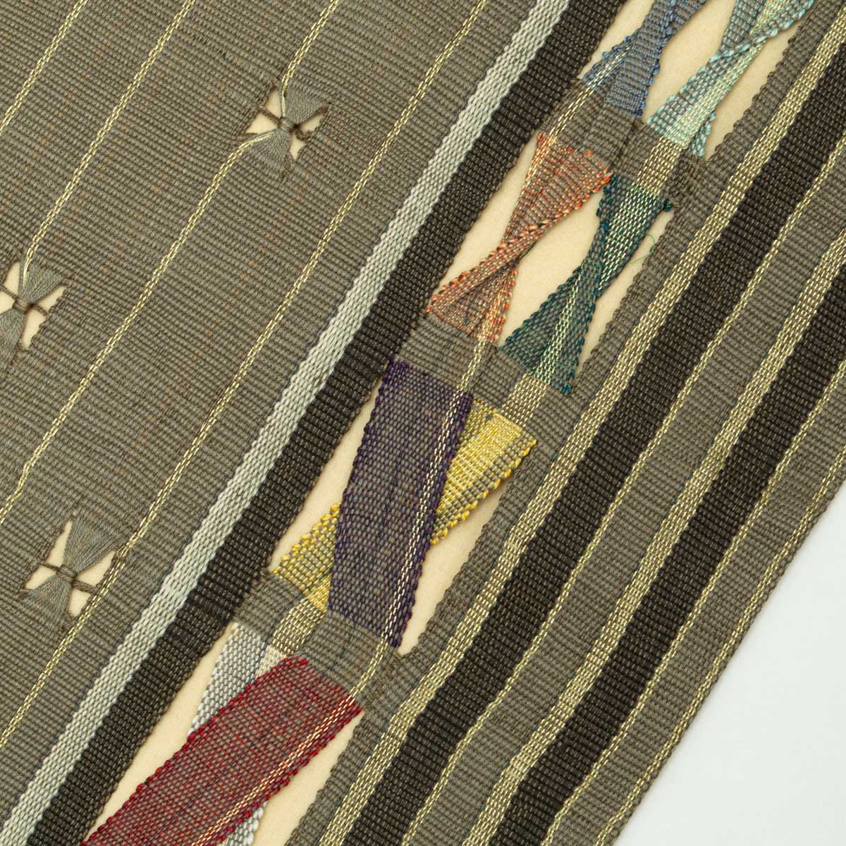 ■C015■美品■正絹■西陣 ひなや工房　組帯　くむ・あむ・おる　名古屋帯■ ひなや工房】名古屋帯 組み織 縞 麹塵色 西陣織 正絹 九寸 | 中古