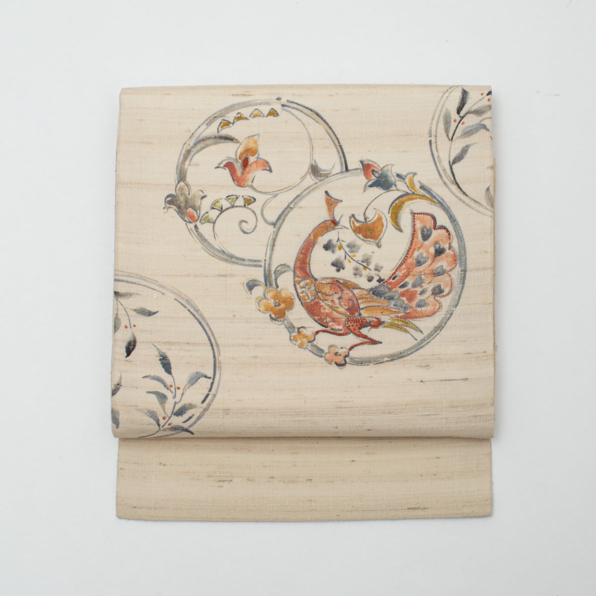 開き名古屋帯 ムガシルク 手描き 相良刺繍 瑞鳥と花唐草文 アイボリー