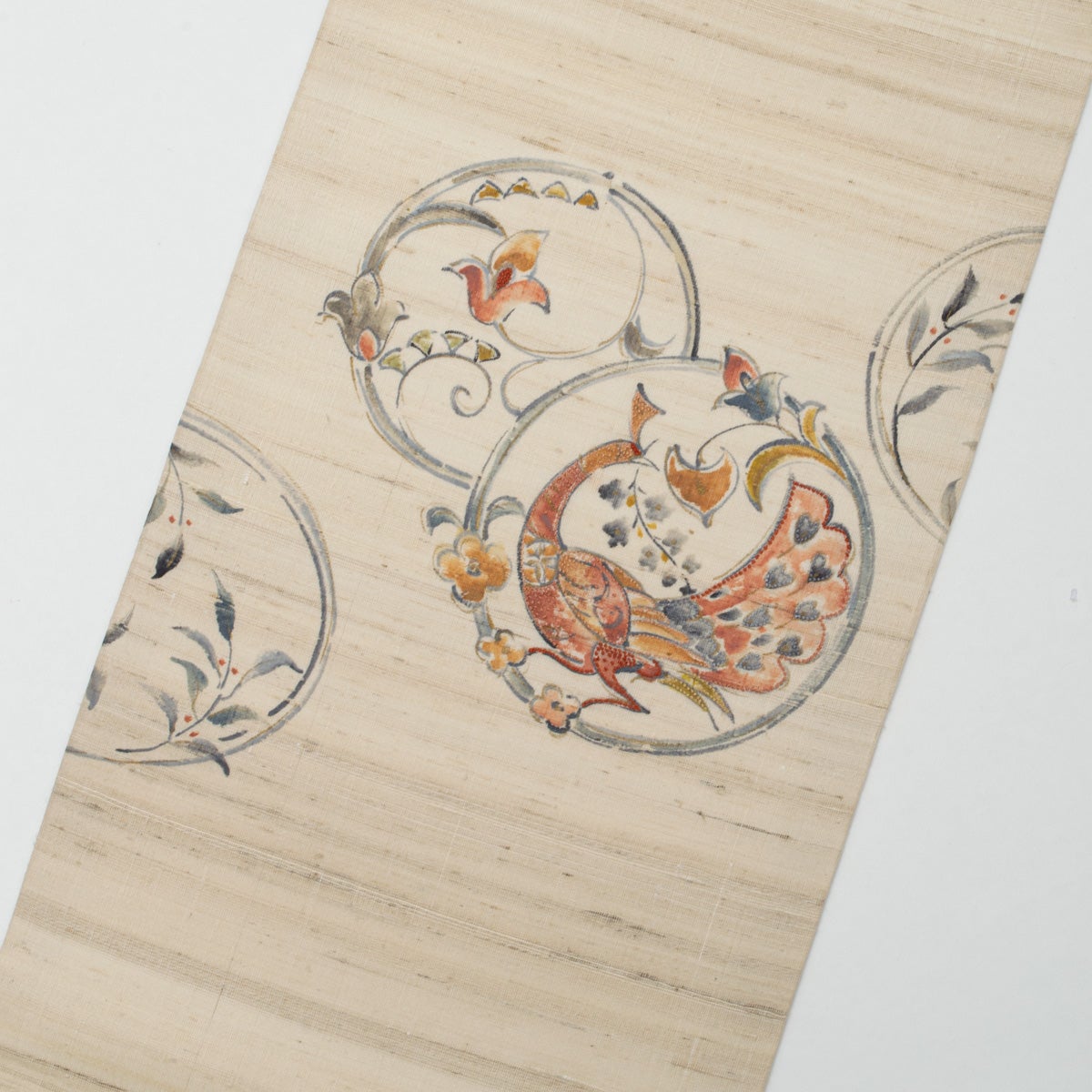 開き名古屋帯 ムガシルク 手描き 相良刺繍 瑞鳥と花唐草文 アイボリー