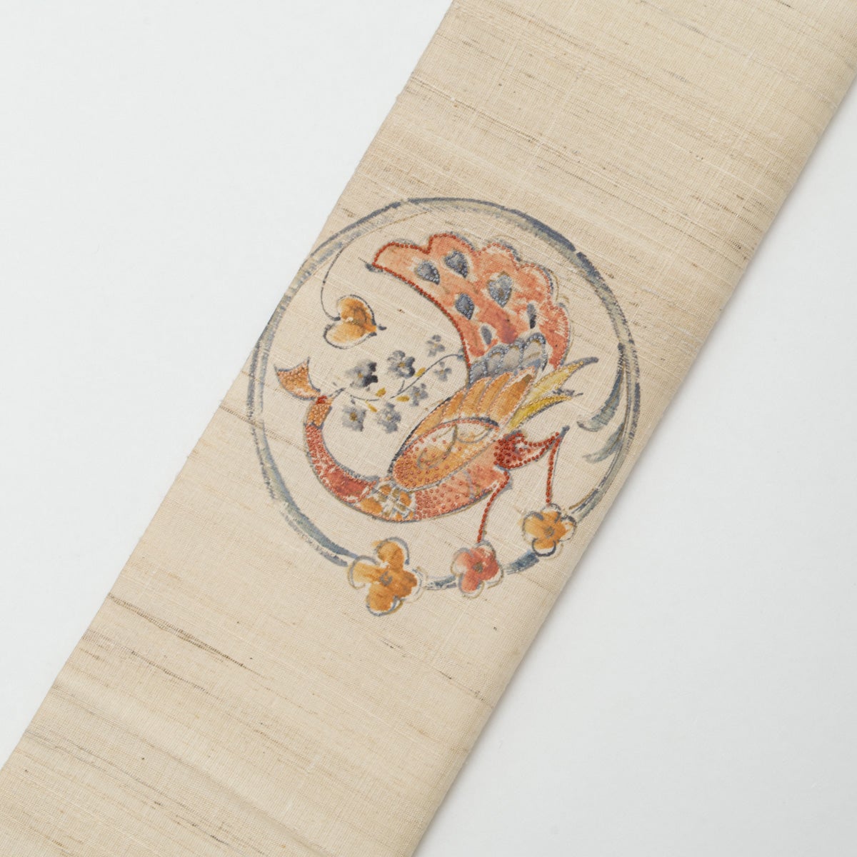 開き名古屋帯 ムガシルク 手描き 相良刺繍 瑞鳥と花唐草文 アイボリー
