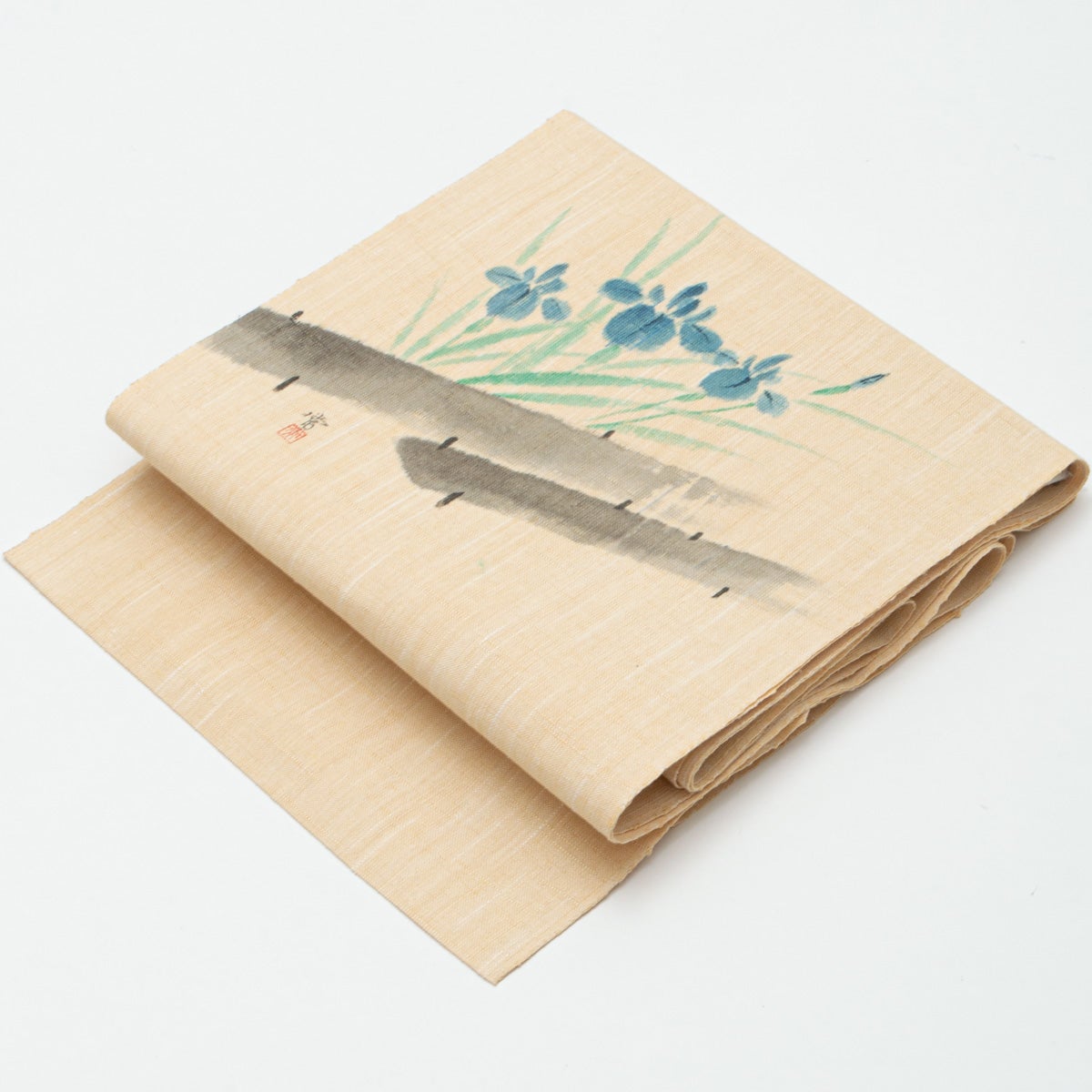 盛夏用】名古屋帯 手描き 花菖蒲の図 作家物 銘有り 麻綿交織 八寸