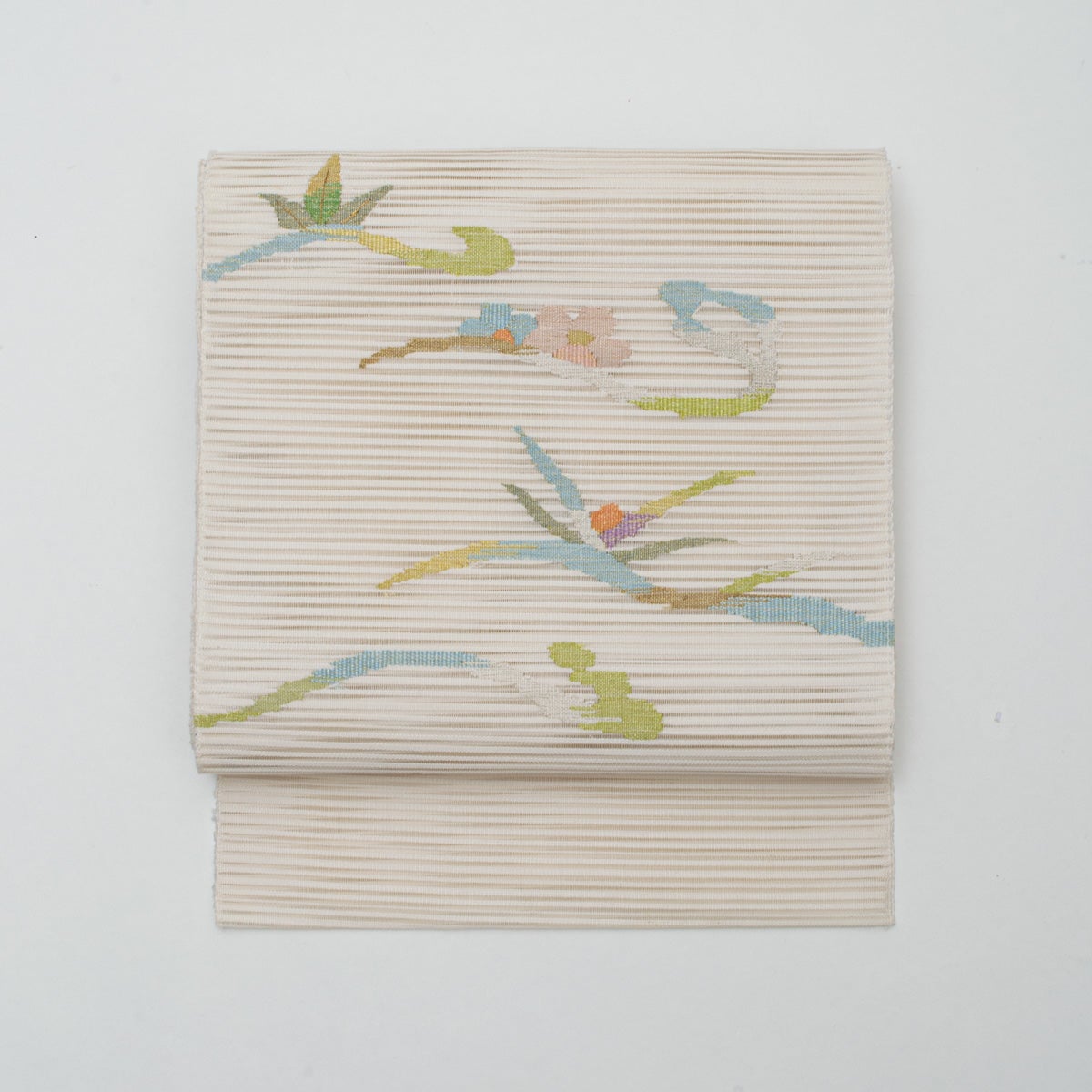盛夏用】名古屋帯 絽 すくい織 抽象花文 オフホワイト 水色 若草色
