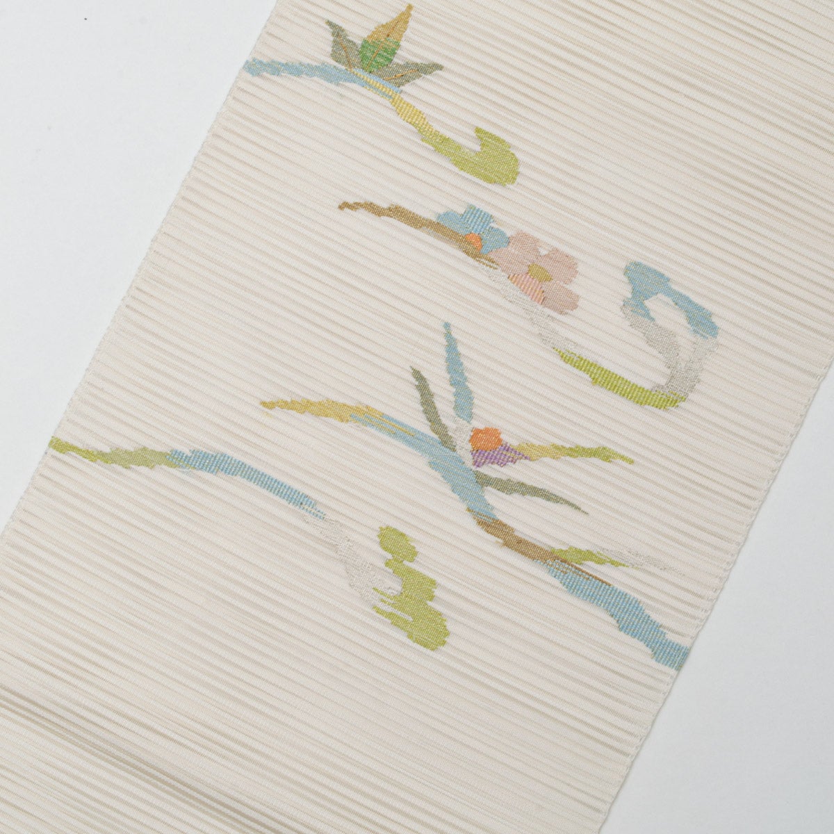 盛夏用】名古屋帯 絽 すくい織 抽象花文 オフホワイト 水色 若草色