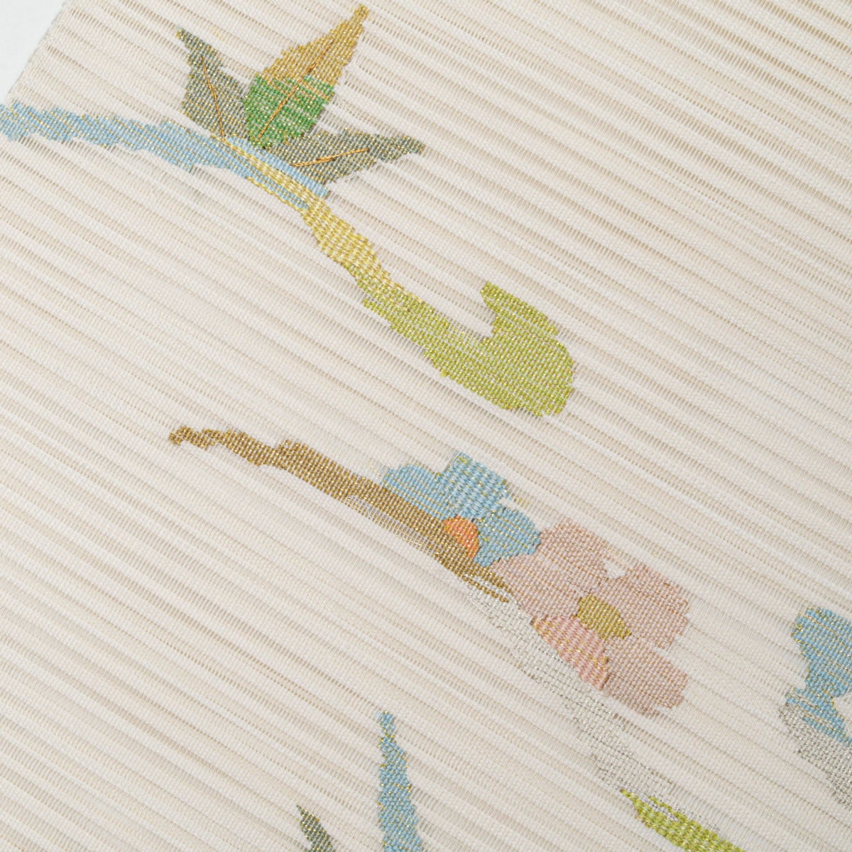 盛夏用】名古屋帯 絽 すくい織 抽象花文 オフホワイト 水色 若草色