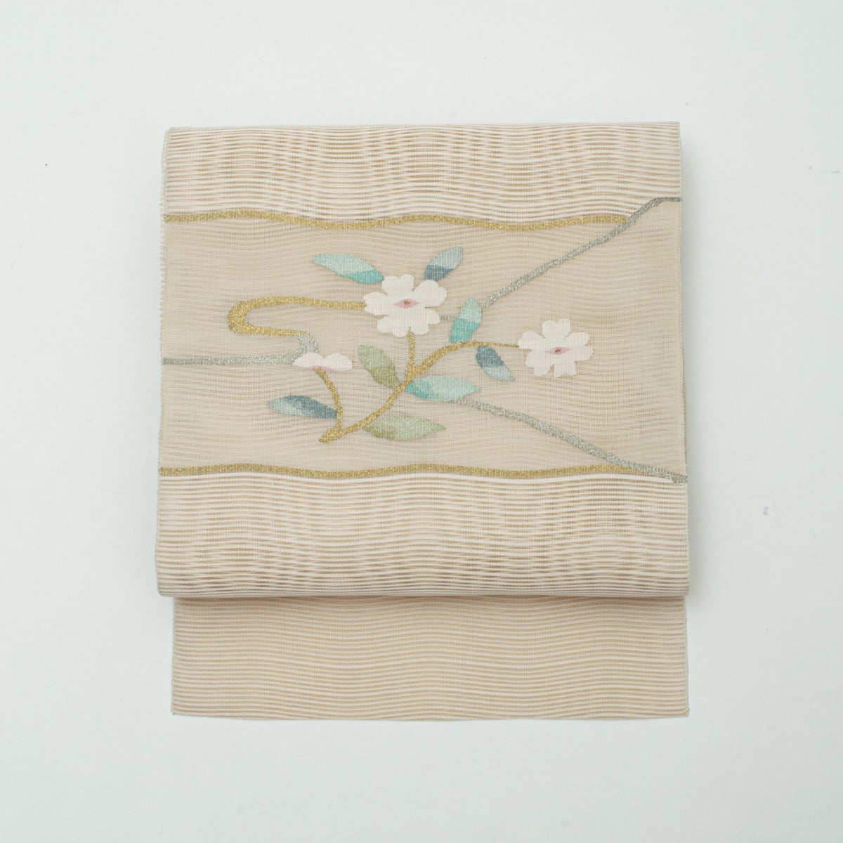盛夏用】名古屋帯 絽 すくい織 花文 オフホワイト 金銀糸入り 正絹 八