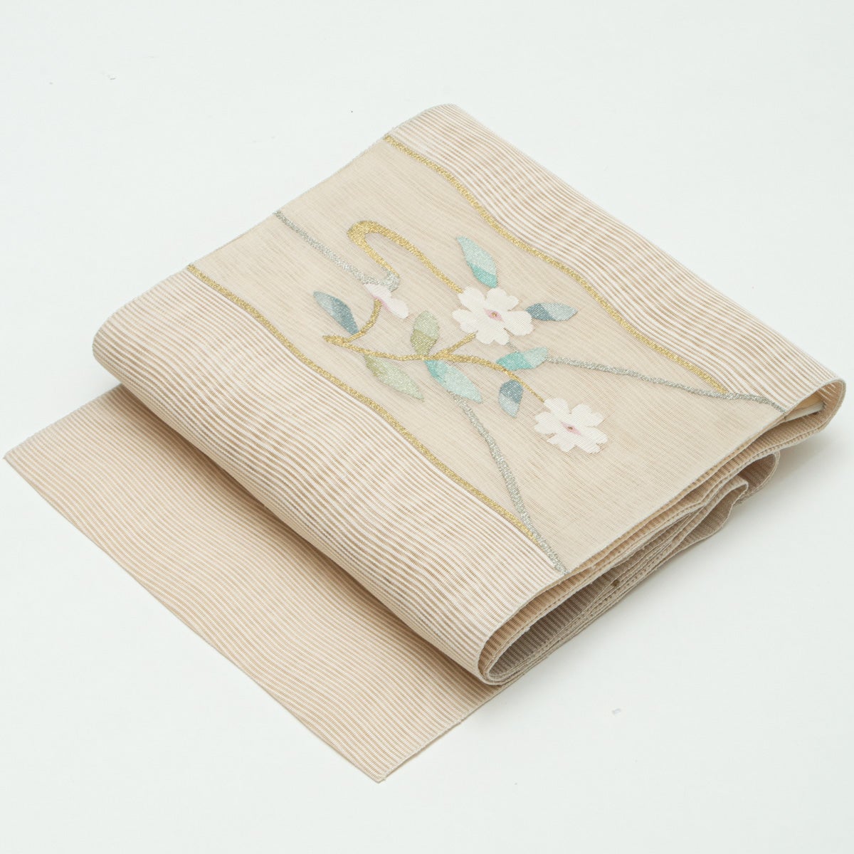 盛夏用】名古屋帯 絽 すくい織 花文 オフホワイト 金銀糸入り 正絹 八