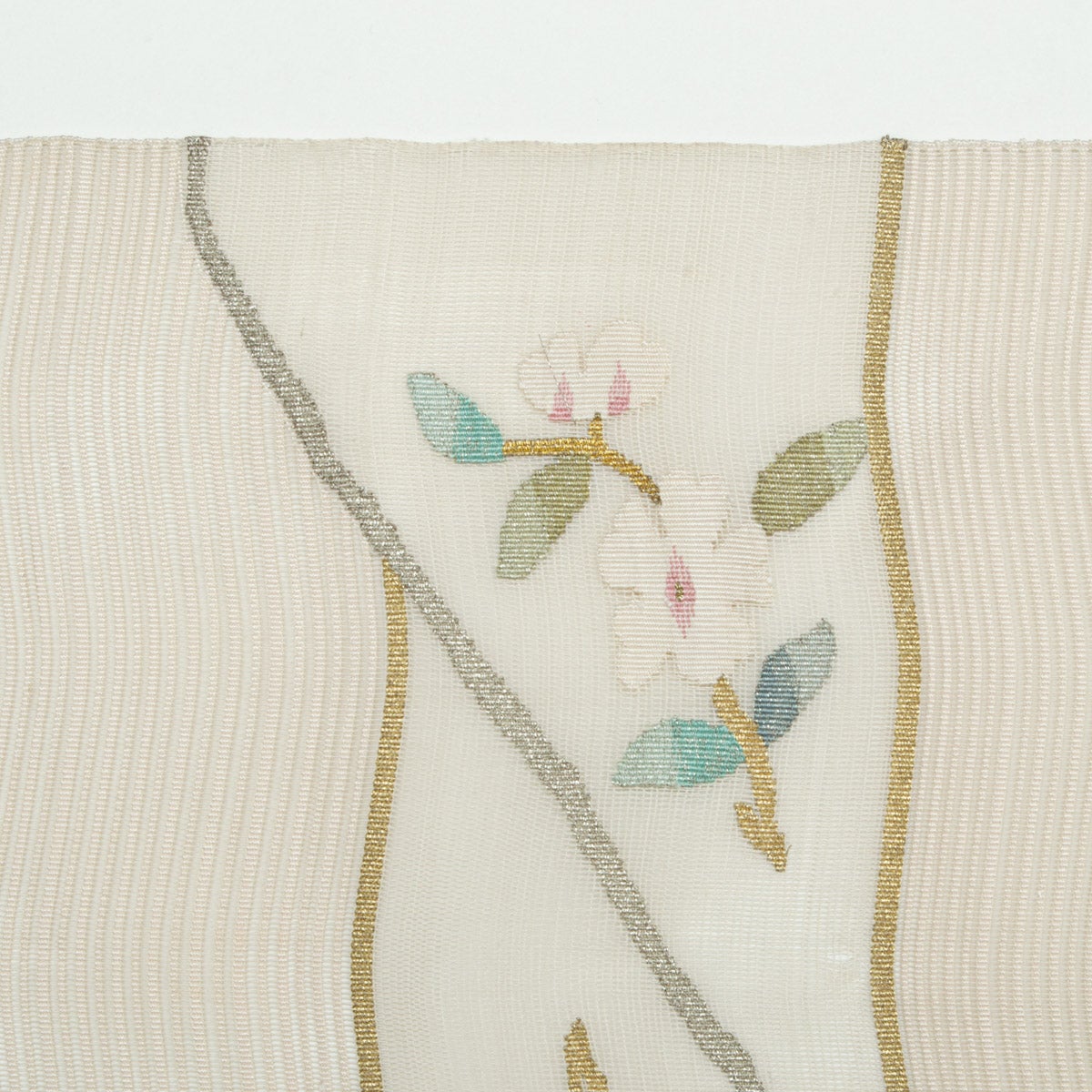 盛夏用】名古屋帯 絽 すくい織 花文 オフホワイト 金銀糸入り 正絹 八