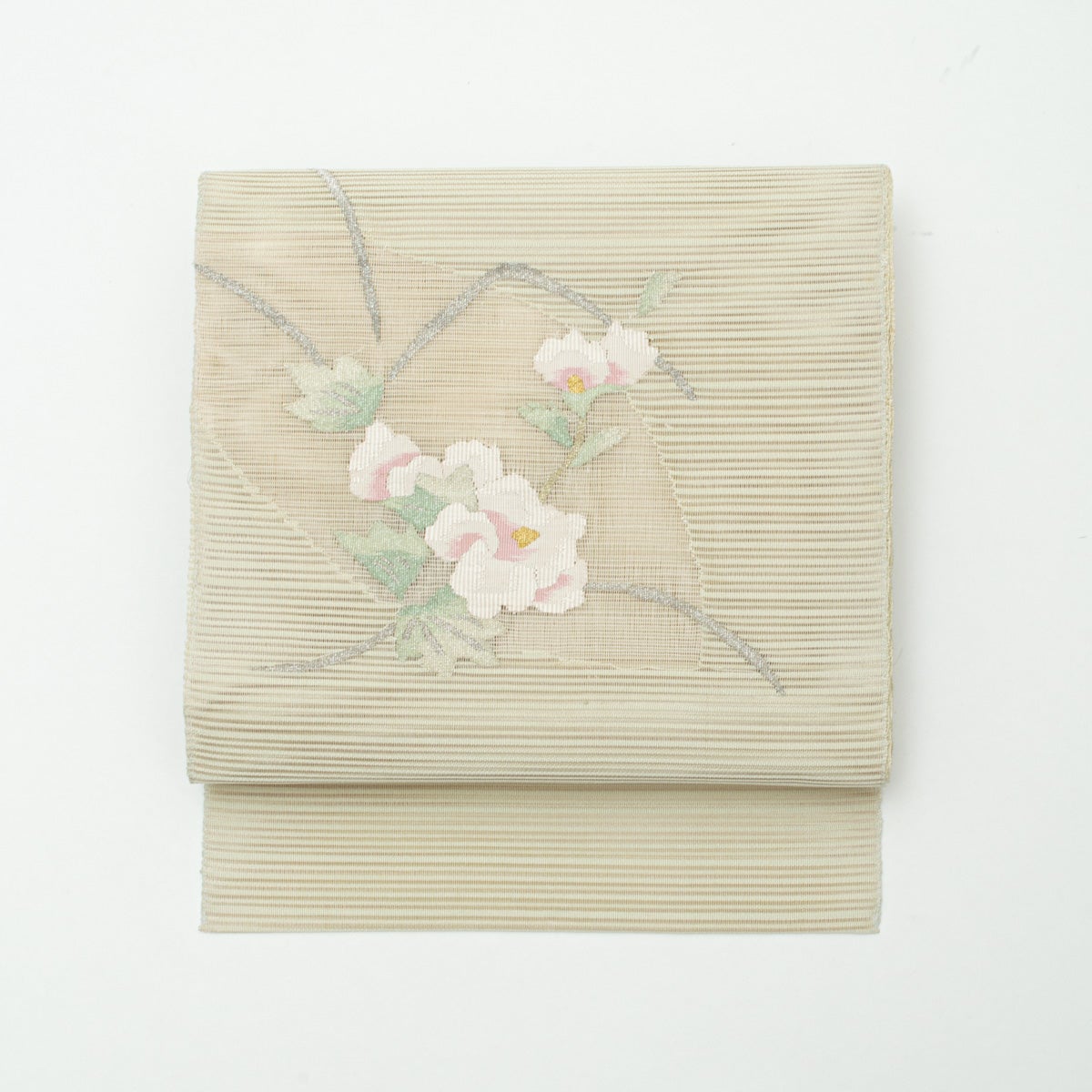 盛夏用】名古屋帯 絽綴れ 花文 灰黄緑 銀糸入り 正絹 八寸 | 中古