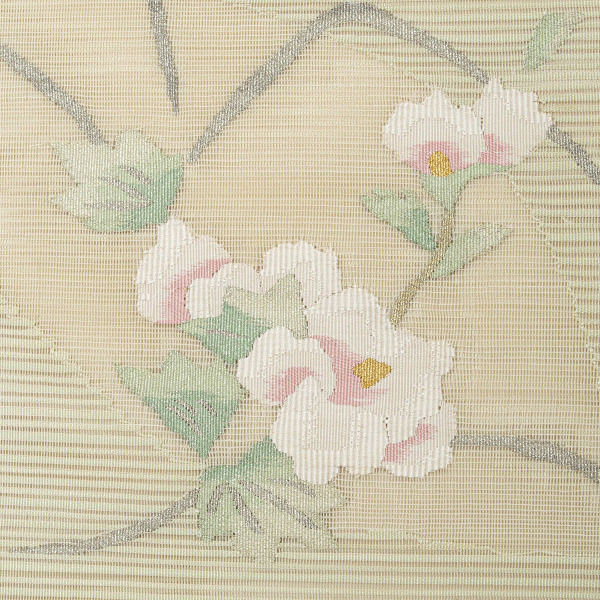 盛夏用】名古屋帯 絽綴れ 花文 灰黄緑 銀糸入り 正絹 八寸 | 中古