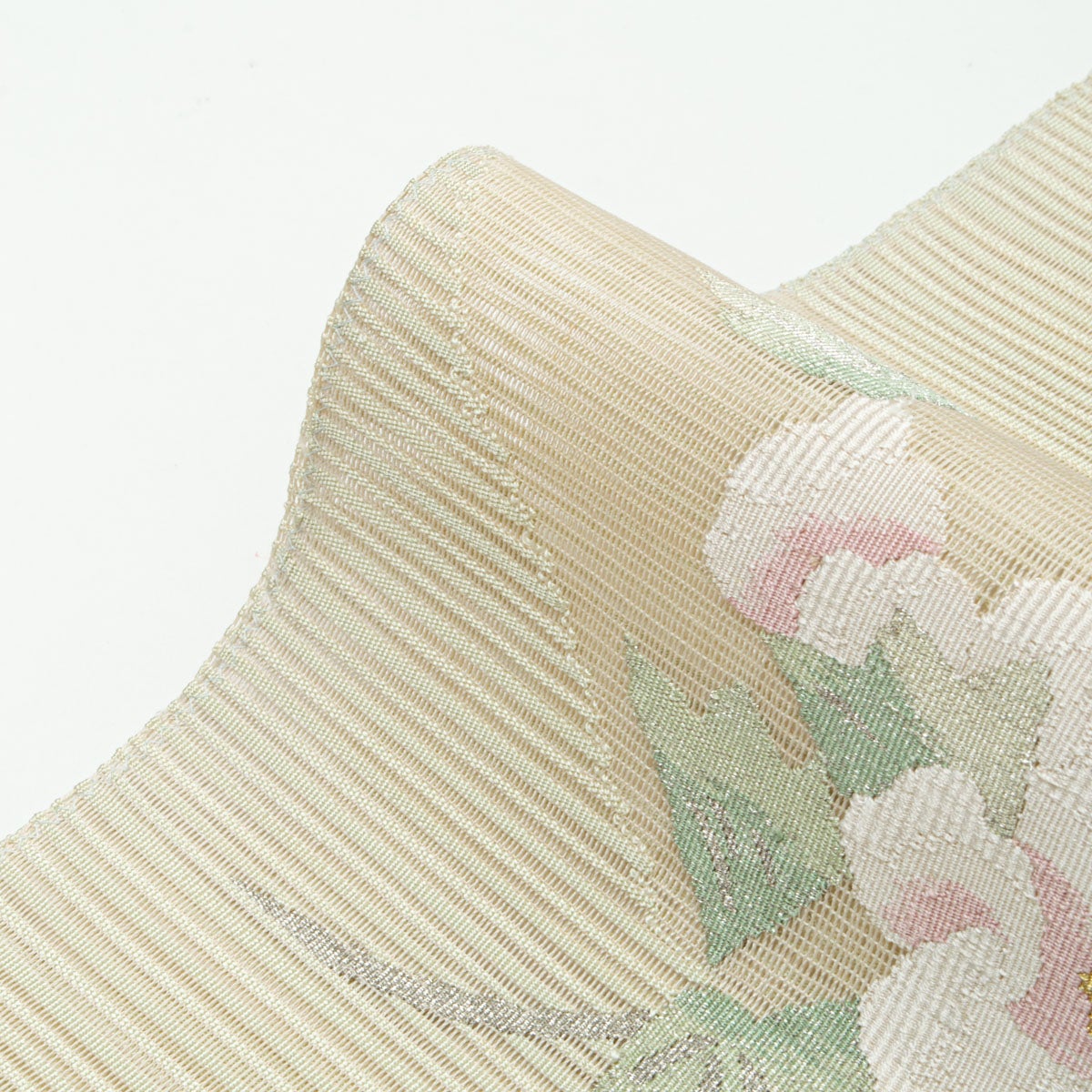 盛夏用】名古屋帯 絽綴れ 花文 灰黄緑 銀糸入り 正絹 八寸 | 中古
