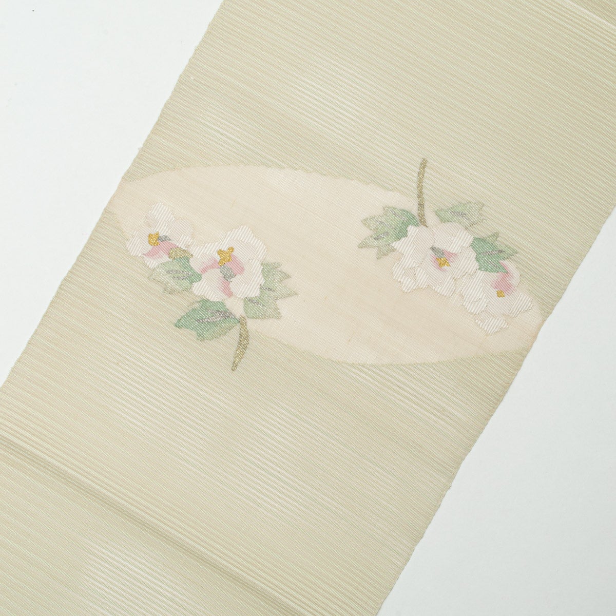 盛夏用】名古屋帯 絽綴れ 花文 灰黄緑 銀糸入り 正絹 八寸 | 中古