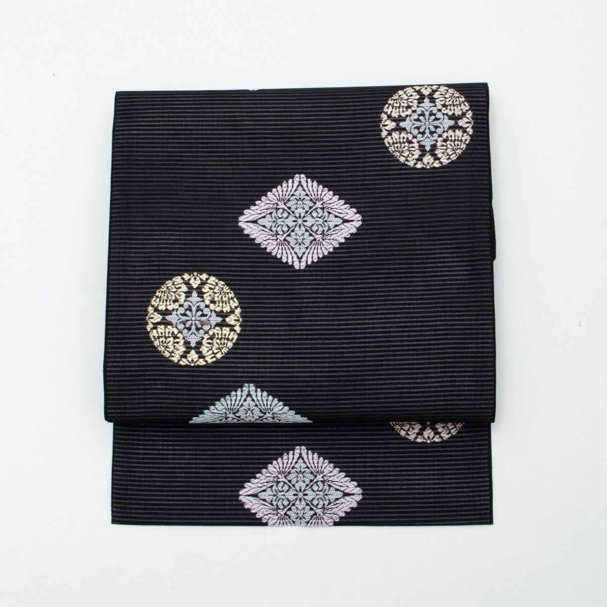 新品】名古屋帯 盛夏用 絽 唐織 唐花丸文 菱文 黒 佐々木染織謹製