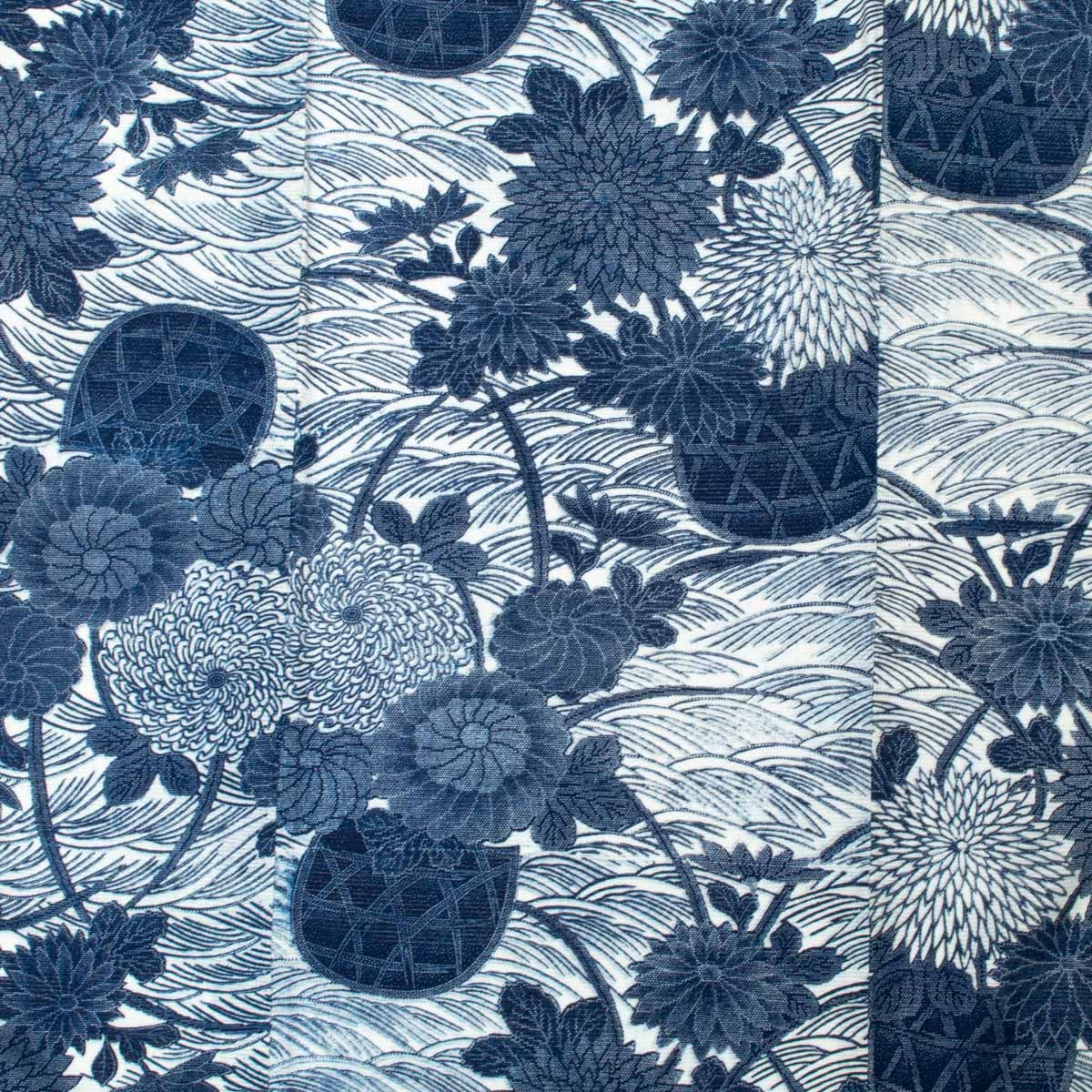 浴衣 綿絽 型染め 菊の花の図 藍色 白 木綿 身丈：約157.5cm 裄：約