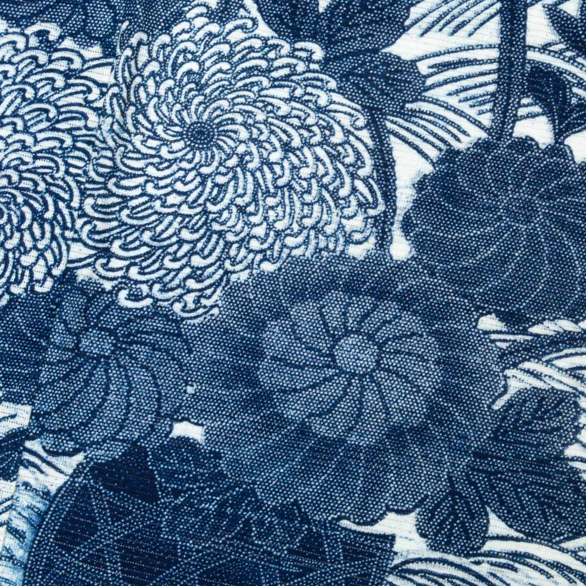 浴衣 綿絽 型染め 菊の花の図 藍色 白 木綿 身丈：約157.5cm 裄：約