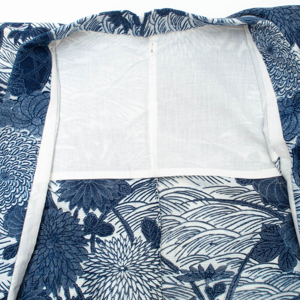 浴衣 綿絽 型染め 菊の花の図 藍色 白 木綿 身丈：約157.5cm 裄：約