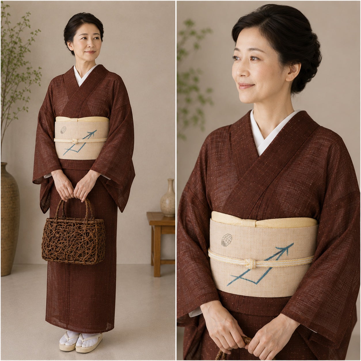 盛夏用】紗紬 臈纈 蒔糊柄 葡萄茶 正絹 袷 身丈：約162cm 裄：約66cm