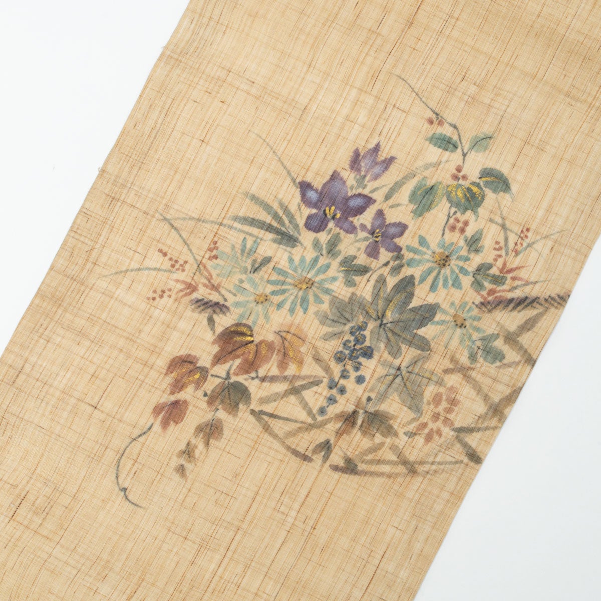 盛夏用】名古屋帯 手描き 花籠の図 墨絵調 麻 生平 九寸 | 中古