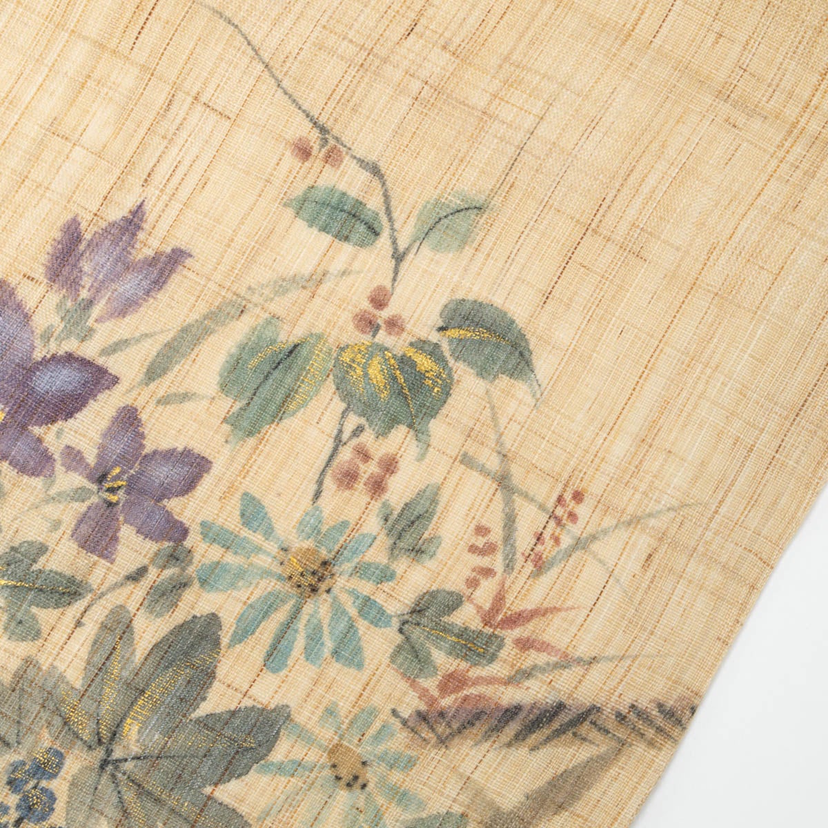 盛夏用】名古屋帯 手描き 花籠の図 墨絵調 麻 生平 九寸 | 中古