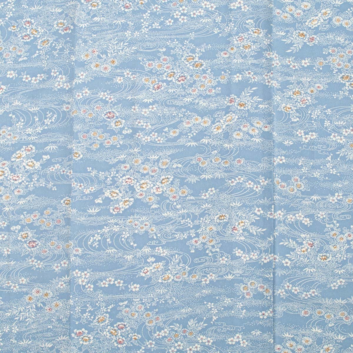 小紋 型絵染め 流水文 菊花文様 空色 正絹 袷 身丈：約161cm 裄：約