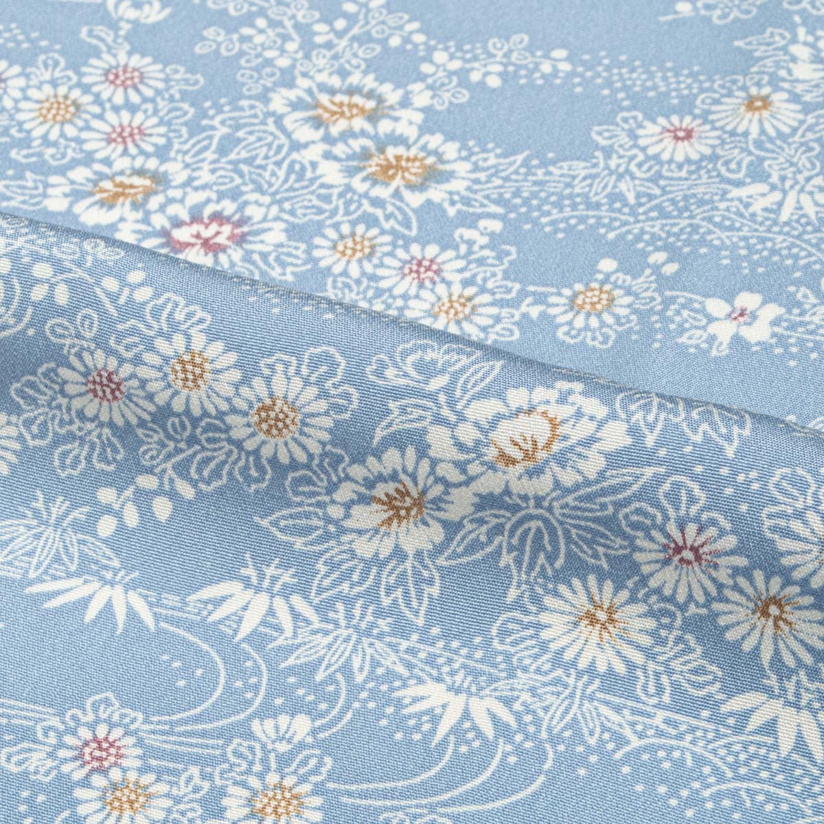 小紋 型絵染め 流水文 菊花文様 空色 正絹 袷 身丈：約161cm 裄：約