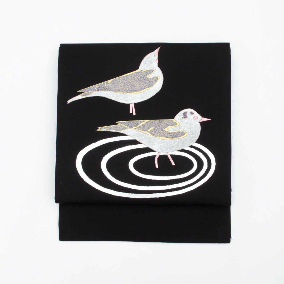 塩瀬】名古屋帯 友禅 刺繍 銀彩 番いの鳥の図 渦巻文 黒 正絹 九寸