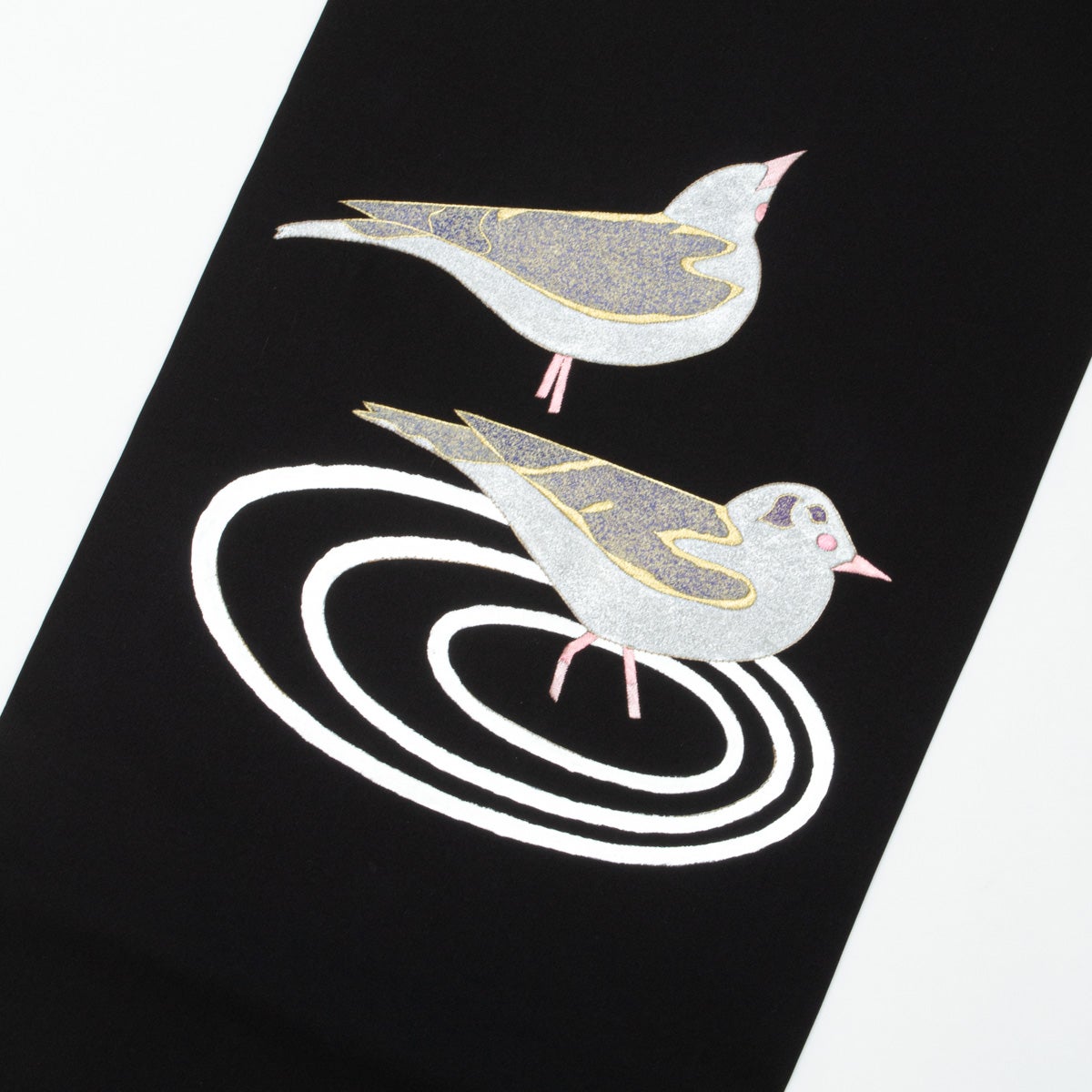 塩瀬】名古屋帯 友禅 刺繍 銀彩 番いの鳥の図 渦巻文 黒 正絹 九寸