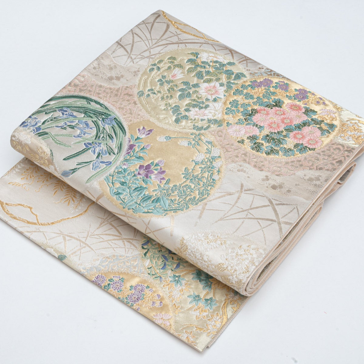 袋帯 金糸 華文 花丸文 礼装用 袋帯 四季花 丸文重ね 金糸入り オフホワイト 西陣織 正絹 礼装用
