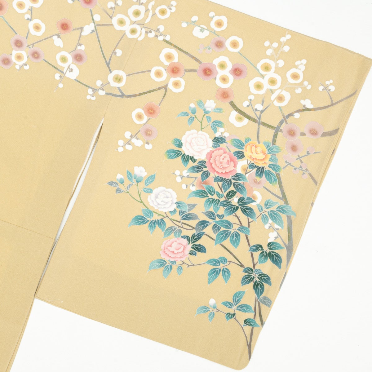 長身の方へ】訪問着 友禅 作家物 春水 梅 薔薇 鳥文様 イエロー