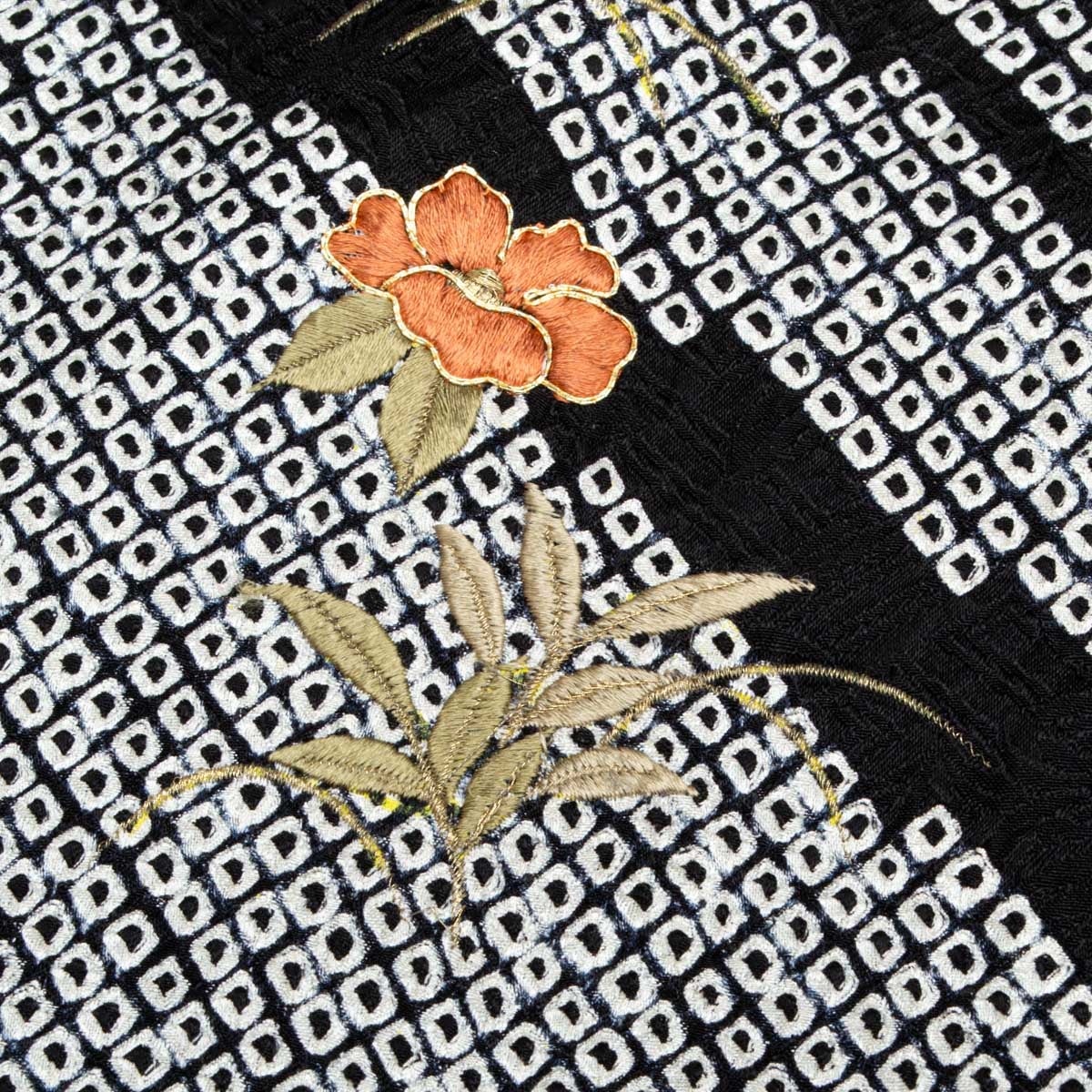 美品】訪問着 総絞り 刺繍 花文 黒 正絹 袷 身丈：約152cm 裄：約63cm