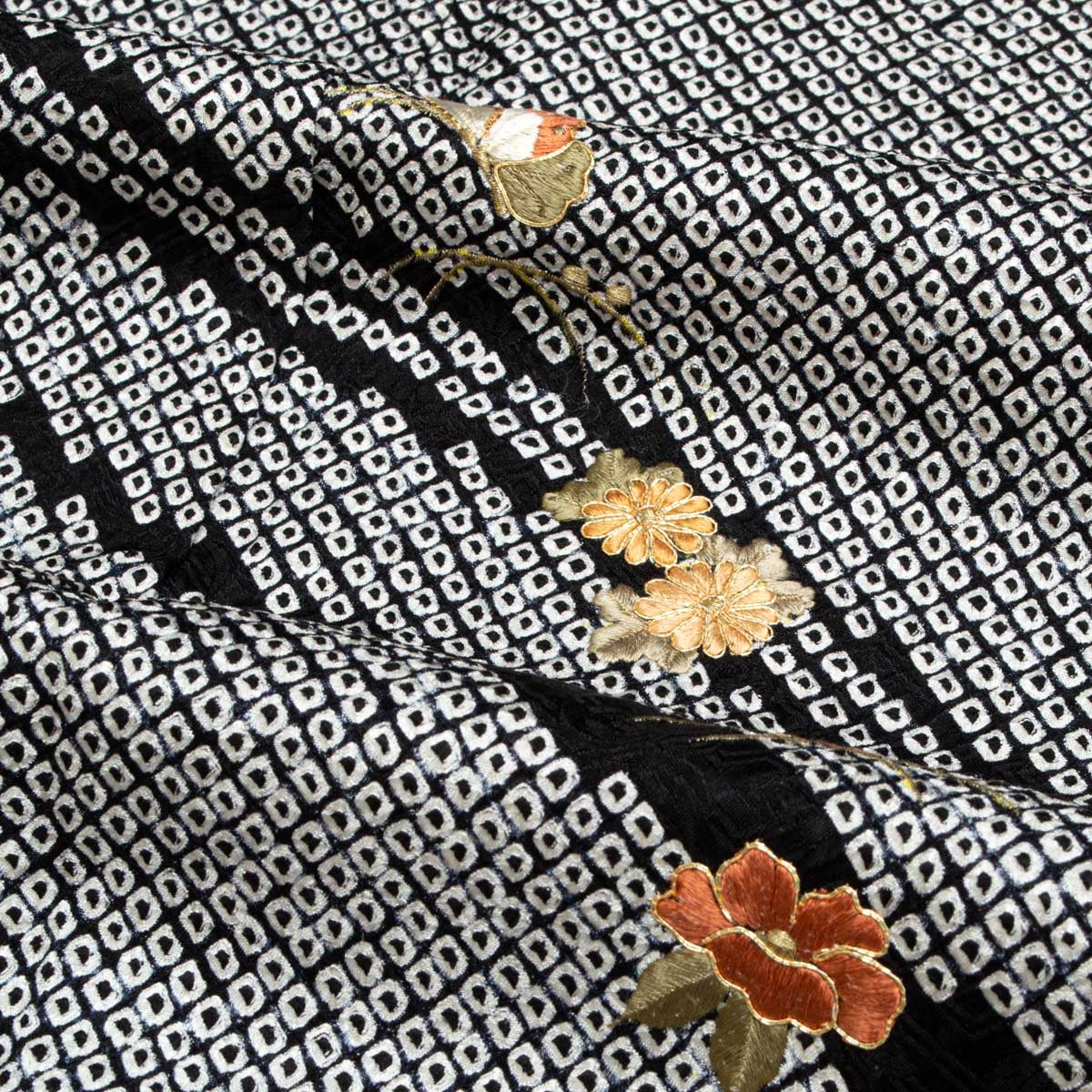 美品】訪問着 総絞り 刺繍 花文 黒 正絹 袷 身丈：約152cm 裄：約63cm