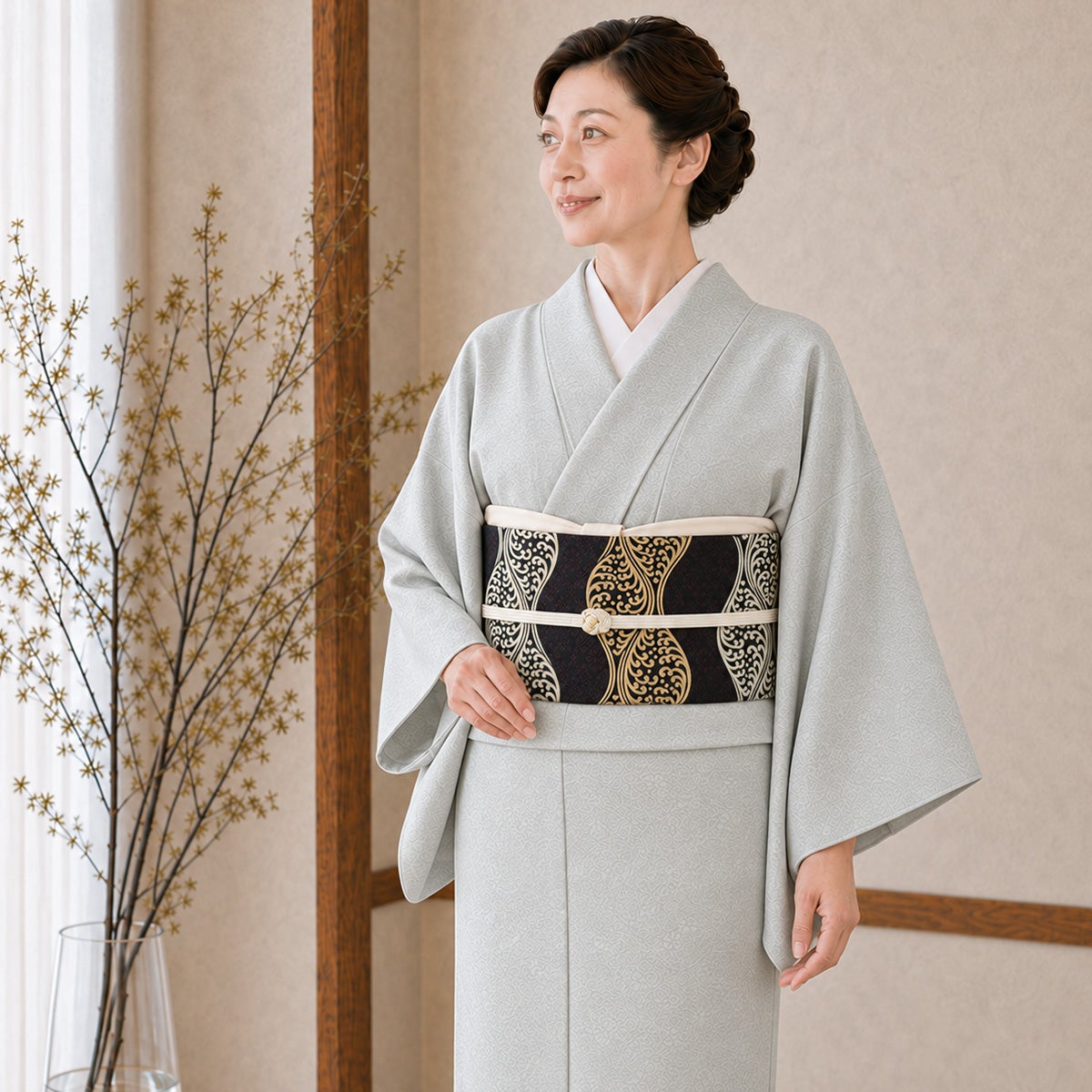 美品】色無地 ライトグレー 丹後ちりめん 紋意匠 染め一つ紋 仕付け糸