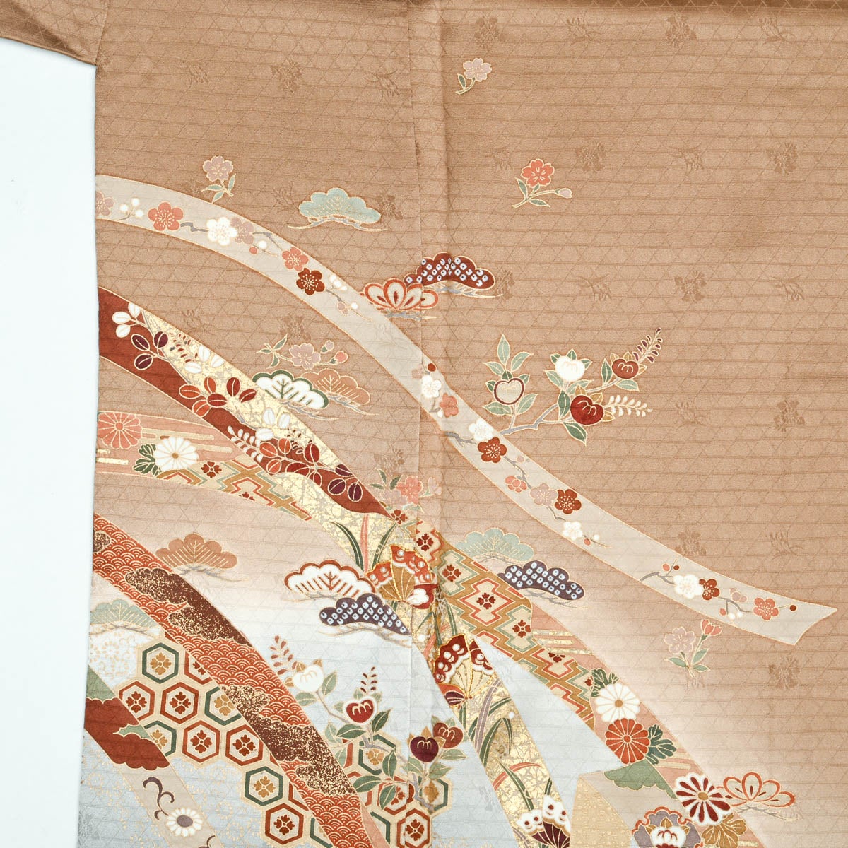 訪問着 友禅 束ね熨斗文様 吉祥花文 金彩 コッパー 正絹 袷 身丈：約