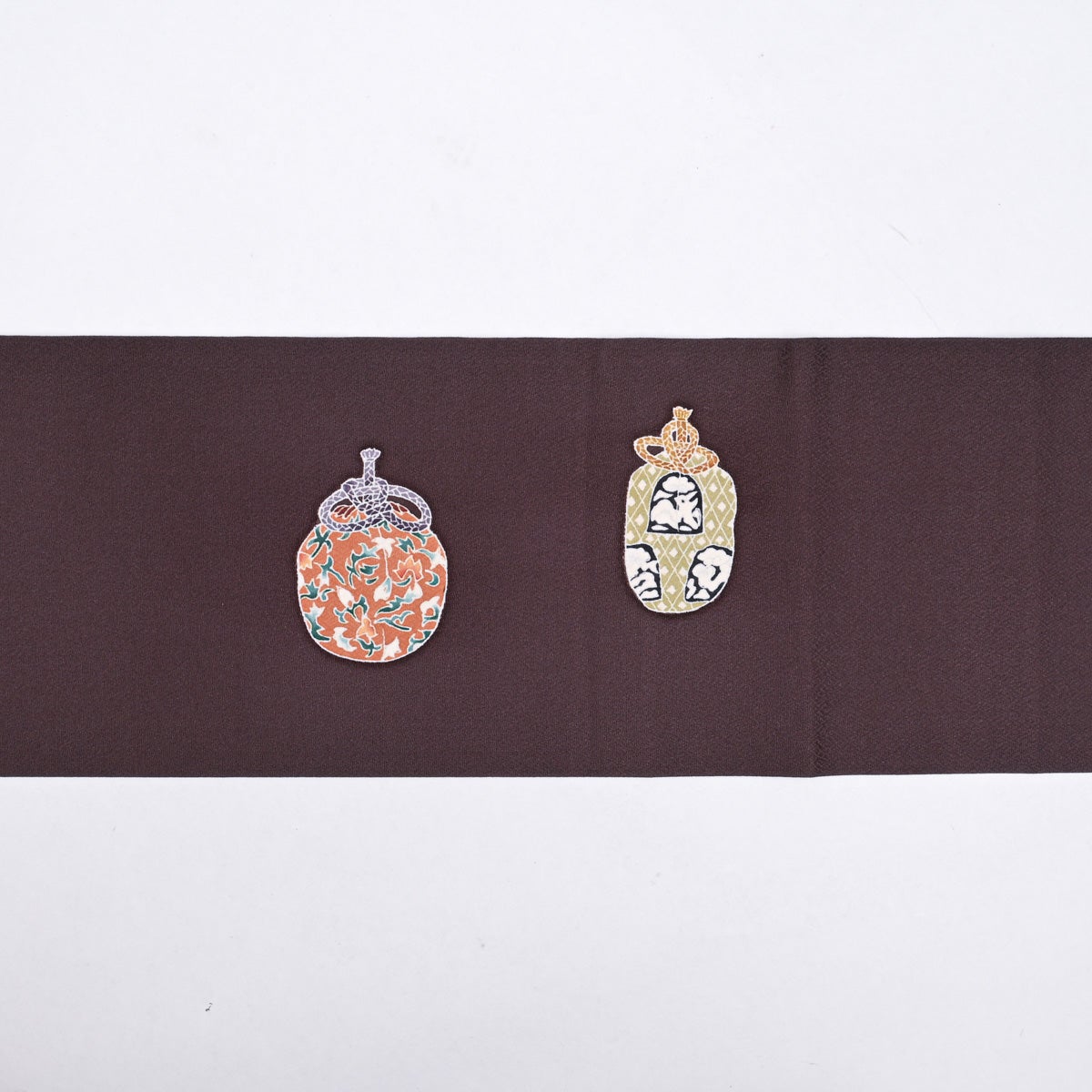 美品】名古屋帯 友禅 仕覆の図 更紗柄 縮緬 ダークプラム 正絹 九寸 美品】名古屋帯 友禅 仕覆の図 更紗柄 縮緬 ダークプラム 正絹 九寸
