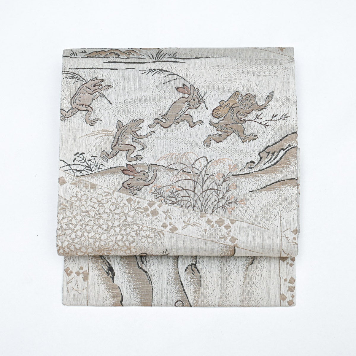 未使用品】しゃれ袋帯 京都栂尾 高山寺 鳥獣戯画 絵巻風意匠 グレー