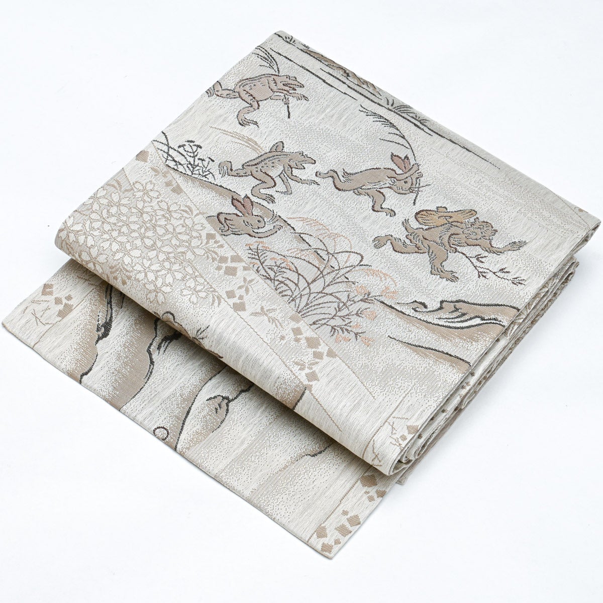 未使用品】しゃれ袋帯 京都栂尾 高山寺 鳥獣戯画 絵巻風意匠 グレー