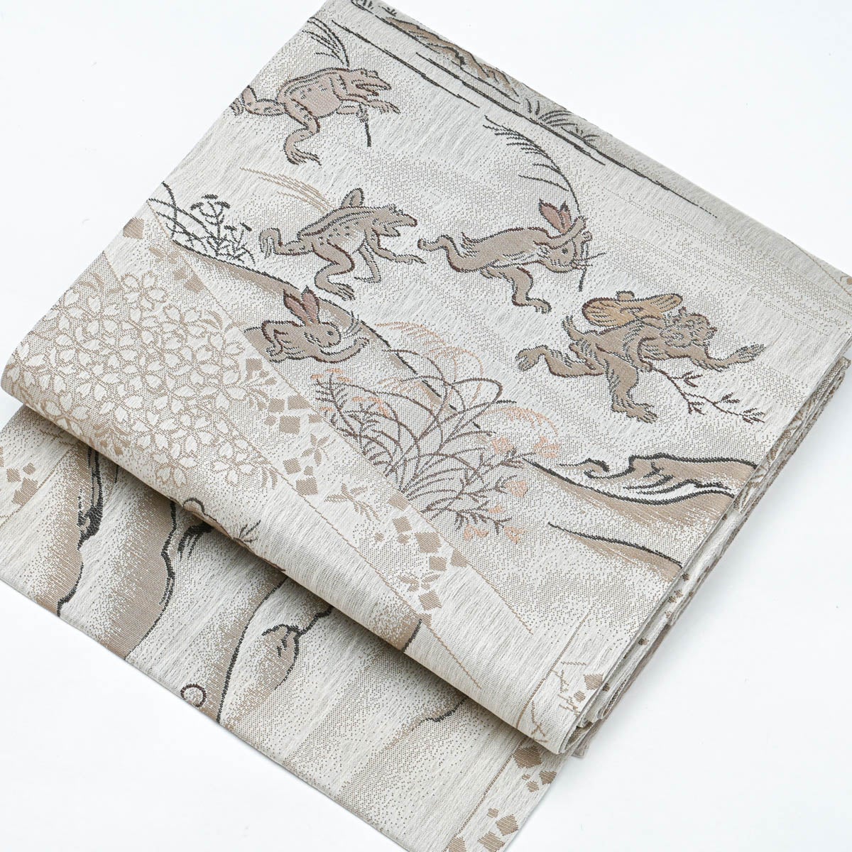 未使用品】しゃれ袋帯 京都栂尾 高山寺 鳥獣戯画 絵巻風意匠 グレー