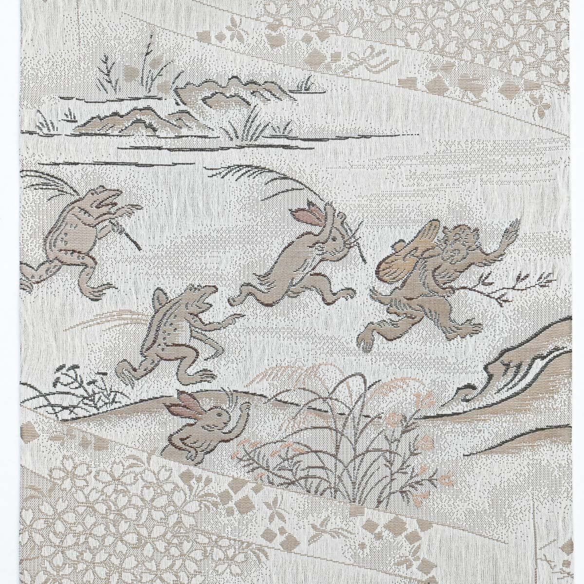 未使用品】しゃれ袋帯 京都栂尾 高山寺 鳥獣戯画 絵巻風意匠 グレー