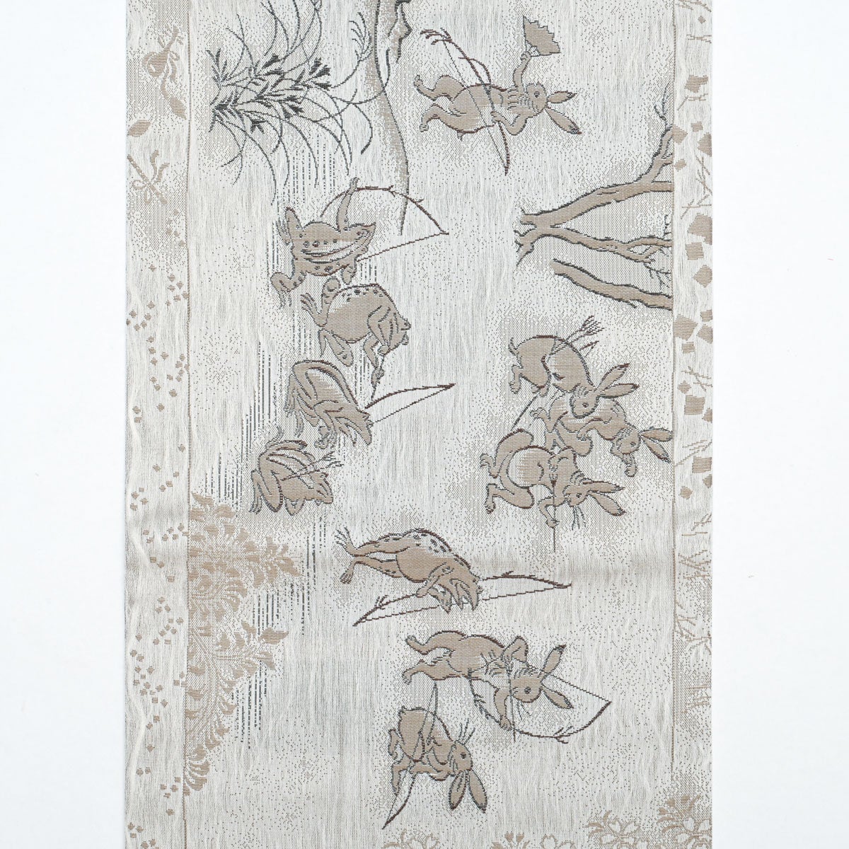 未使用品】しゃれ袋帯 京都栂尾 高山寺 鳥獣戯画 絵巻風意匠 グレー