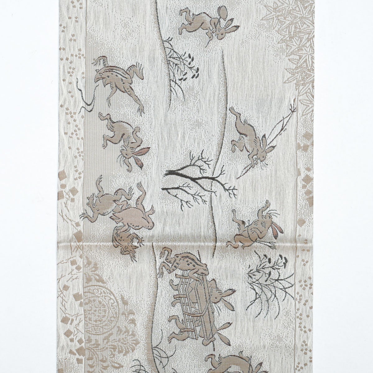 未使用品】しゃれ袋帯 京都栂尾 高山寺 鳥獣戯画 絵巻風意匠 グレー